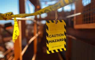 Photo of caution tape with a Caution Hazard tag